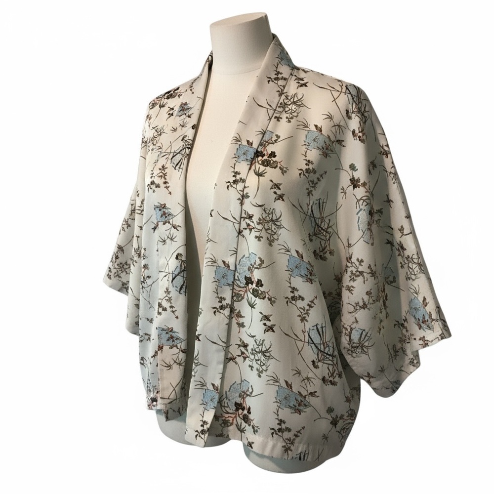 Lanzera Kimono Jacket XL Ivory Floral Bird Print Satin‎ Open Front Lounge Top
